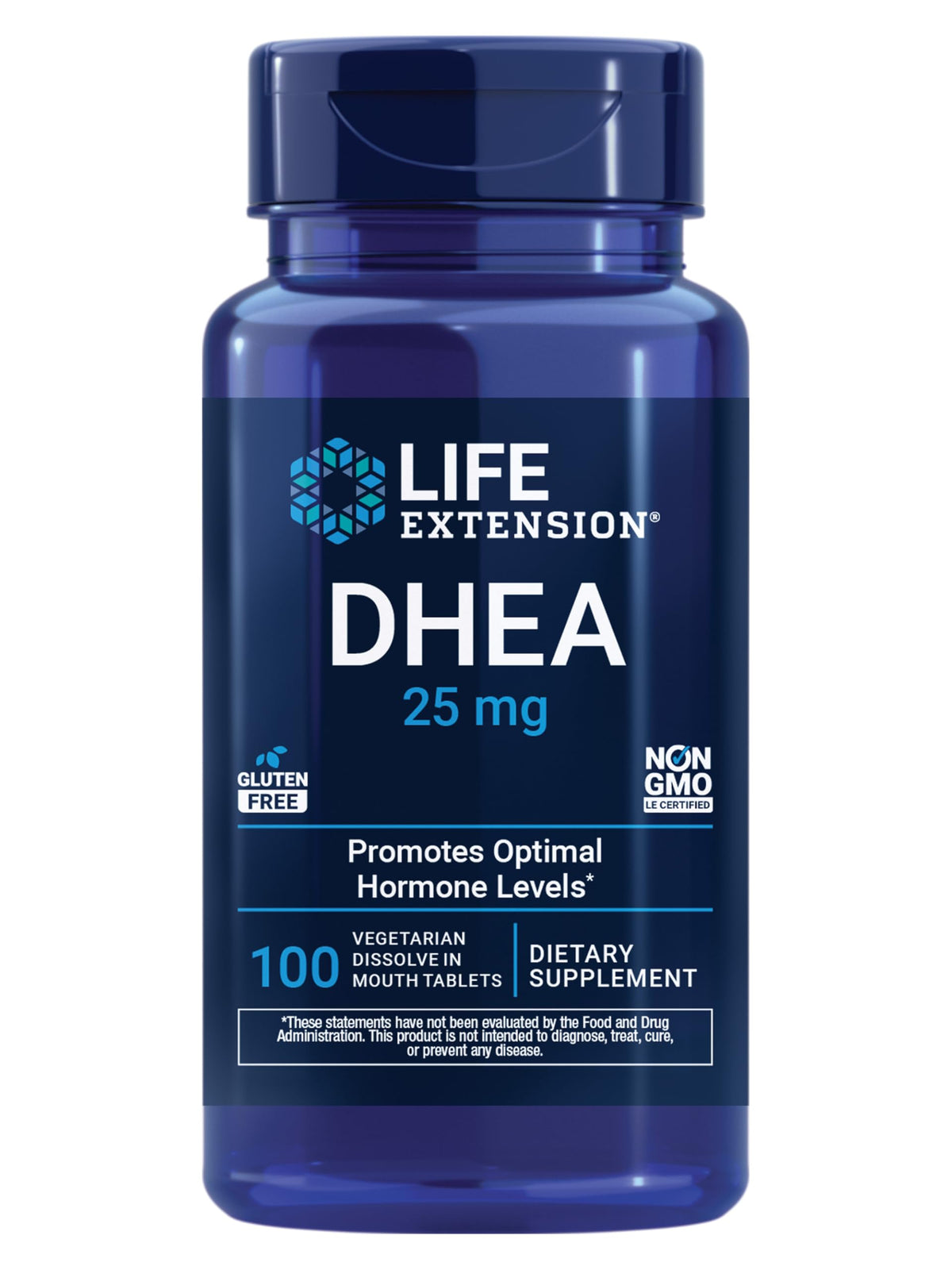 Life Extension DHEA 25 mg tablets front view, ready for daily use.