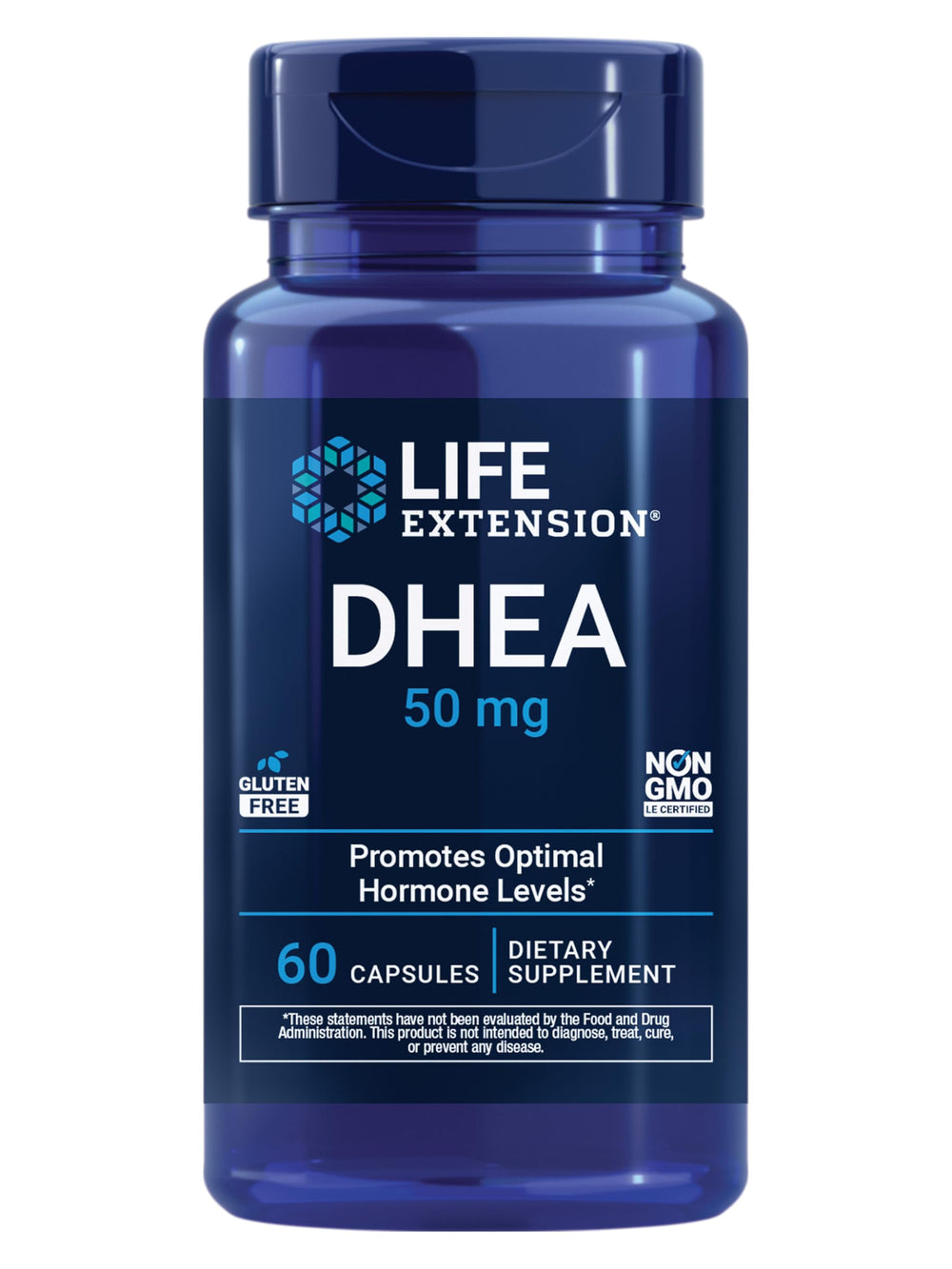 Life Extension DHEA 50 mg bottle showing the hormone balance label.