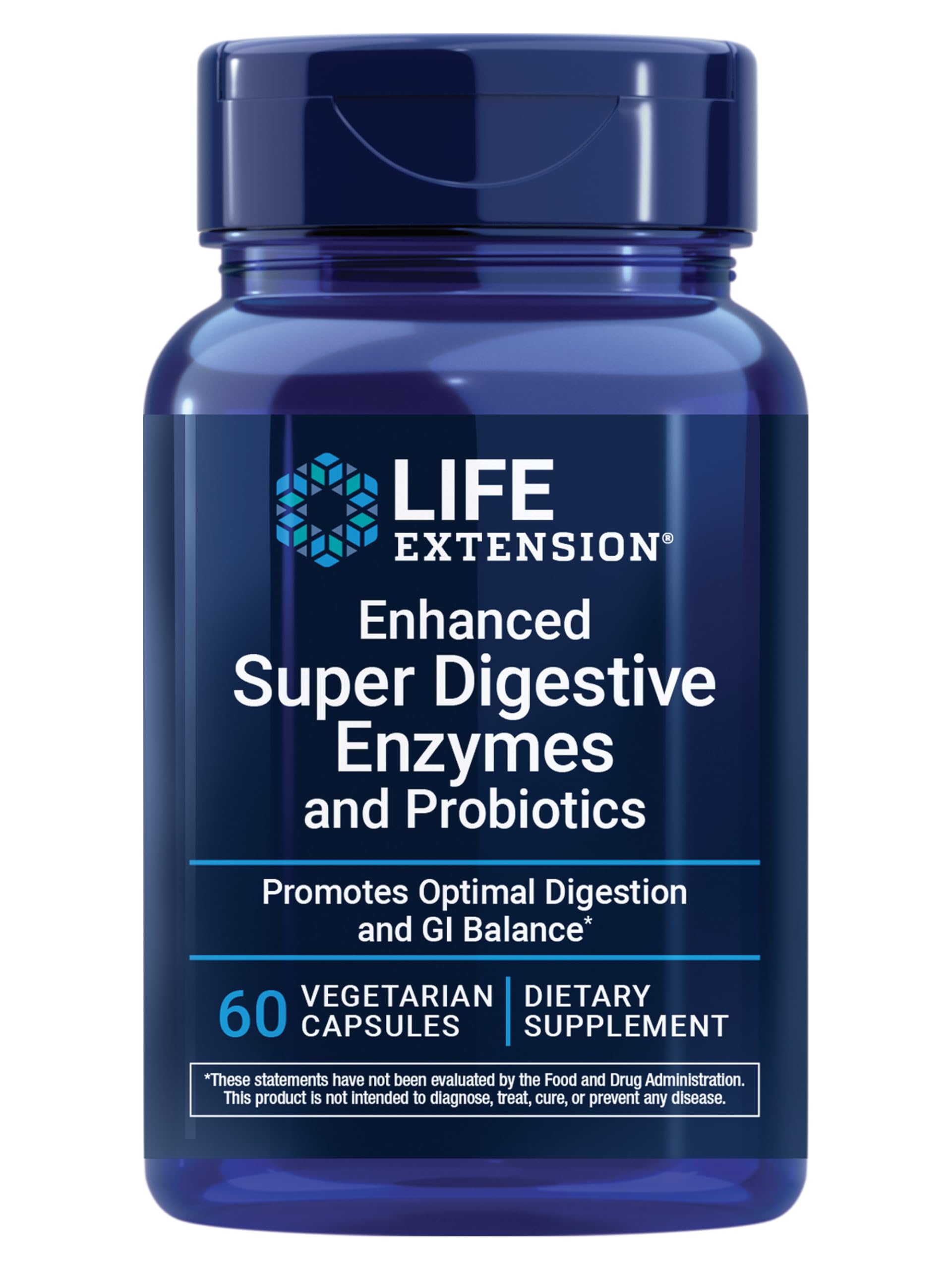 Life Extension Enhanced Super Digestive Enzymes bottle cap illustrates easy daily digestive support.