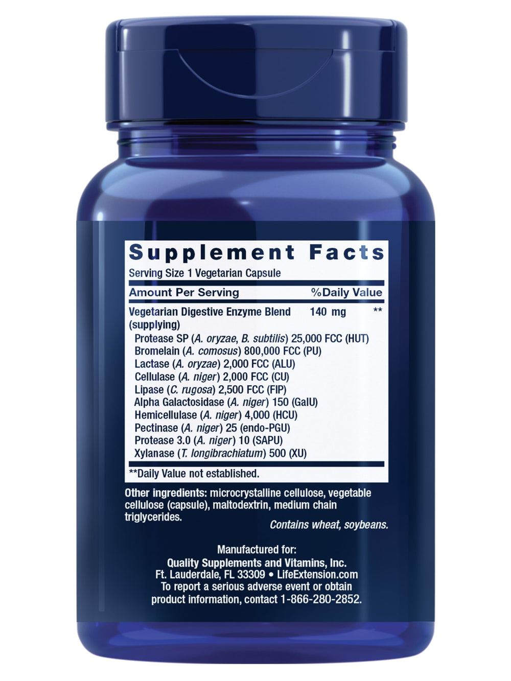 Life Extension Enhanced Super Digestive Enzymes ingredient panel highlights plant-based, non-GMO formula
