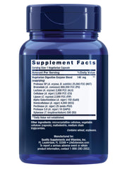 Life Extension Enhanced Super Digestive Enzymes ingredient panel highlights plant-based, non-GMO formula