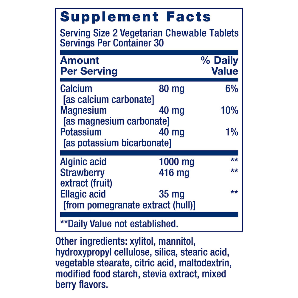 Calcium-magnesium visuals highlight esophageal comfort support within the formula.