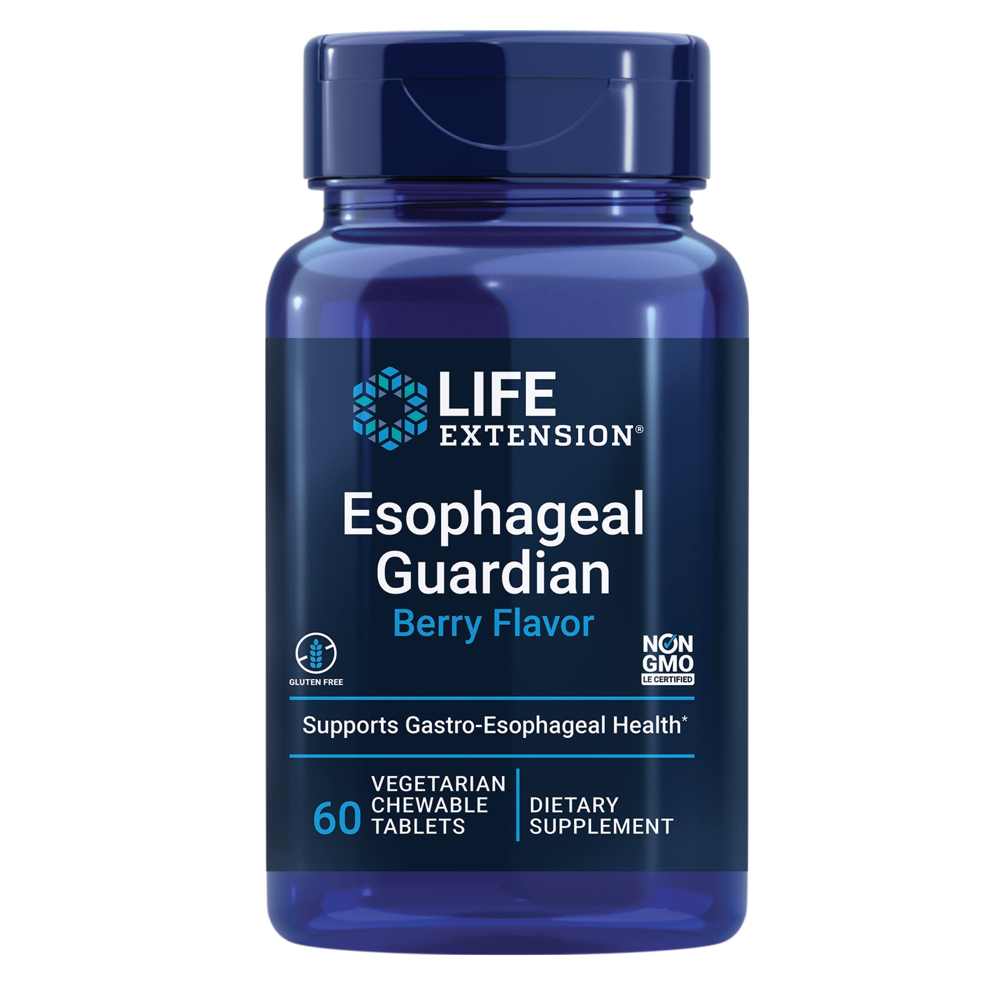 Life Extension Esophageal Guardian tablets shown, berry-flavored chewables for easy daily relief.