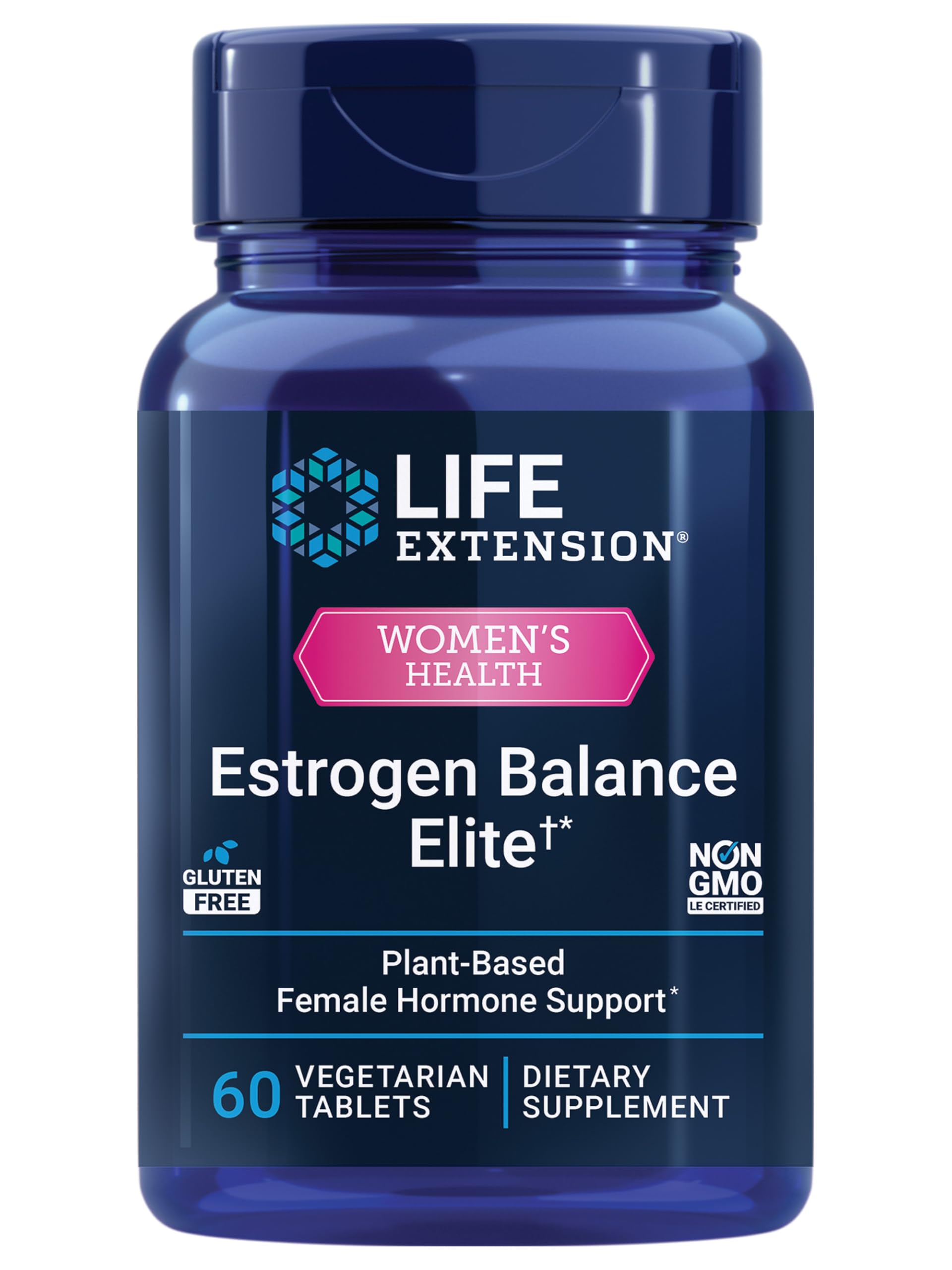 Life Extension Estrogen Balance Elite bottle closeup supporting hormonal balance.