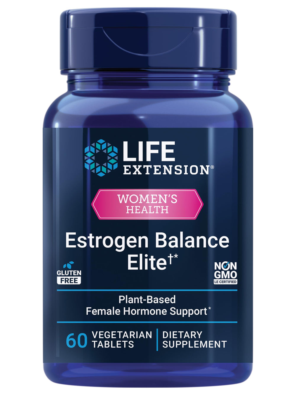 Life Extension Estrogen Balance Elite bottle closeup supporting hormonal balance.