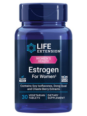 Life Extension Estrogen for Women bottle front displaying hormone-free menopause support.