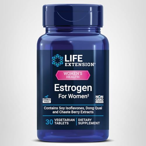 Life Extension Estrogen for Women gluten-free non-GMO badge on packaging.