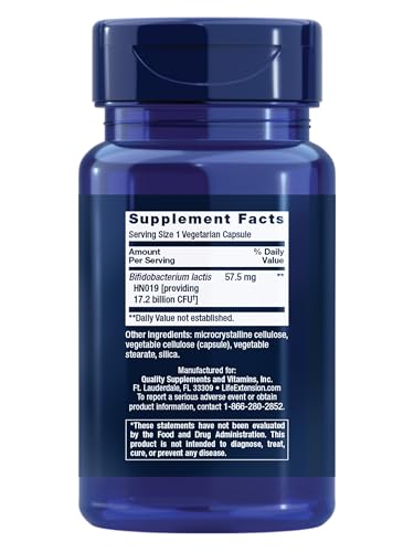 Life Extension FLORASSIST capsules close-up showing probiotic Bifidobacterium lactis HN019 supports gut health