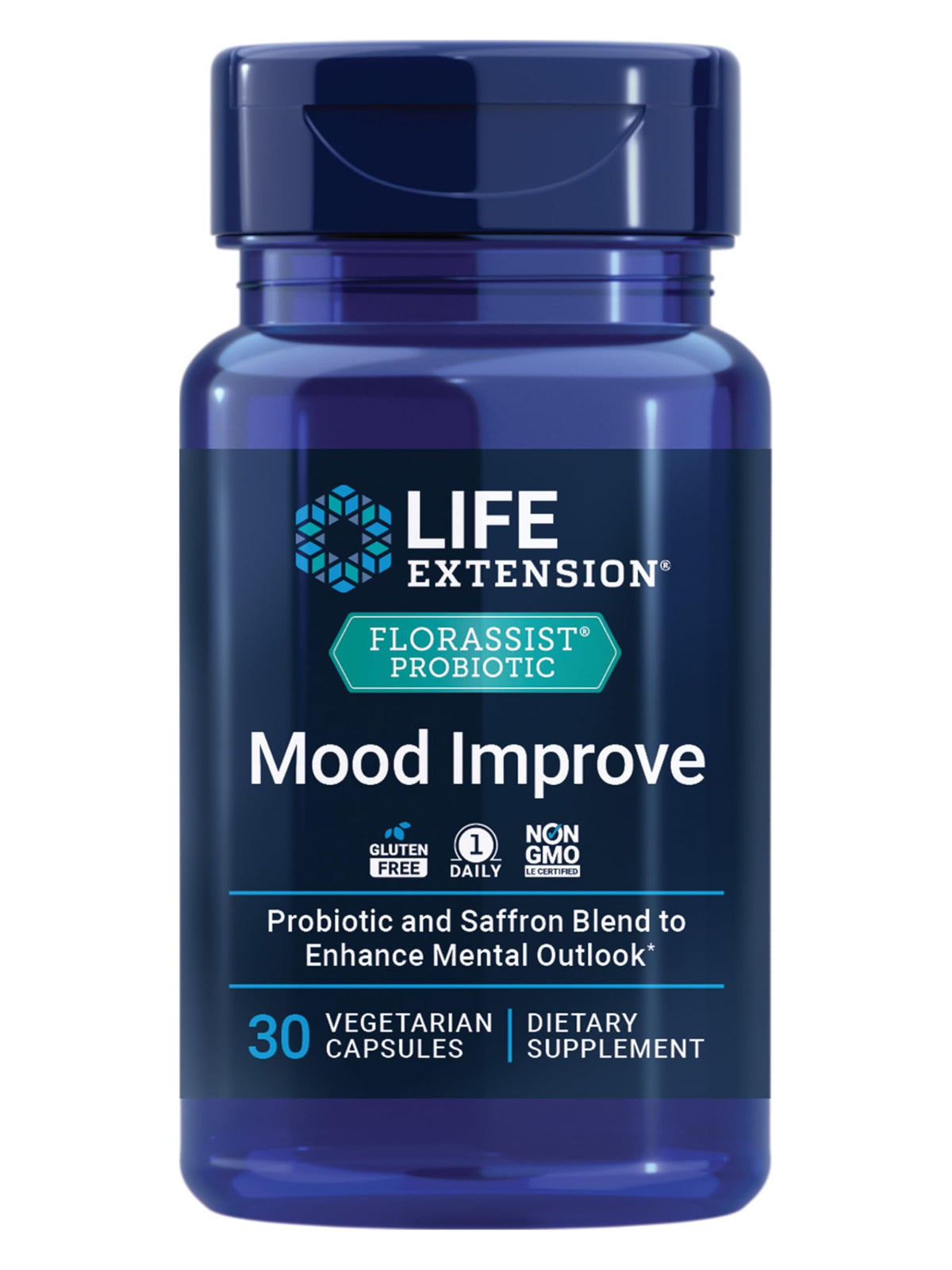 Life Extension FlorAssist bottle on a clean surface for daily mood support.