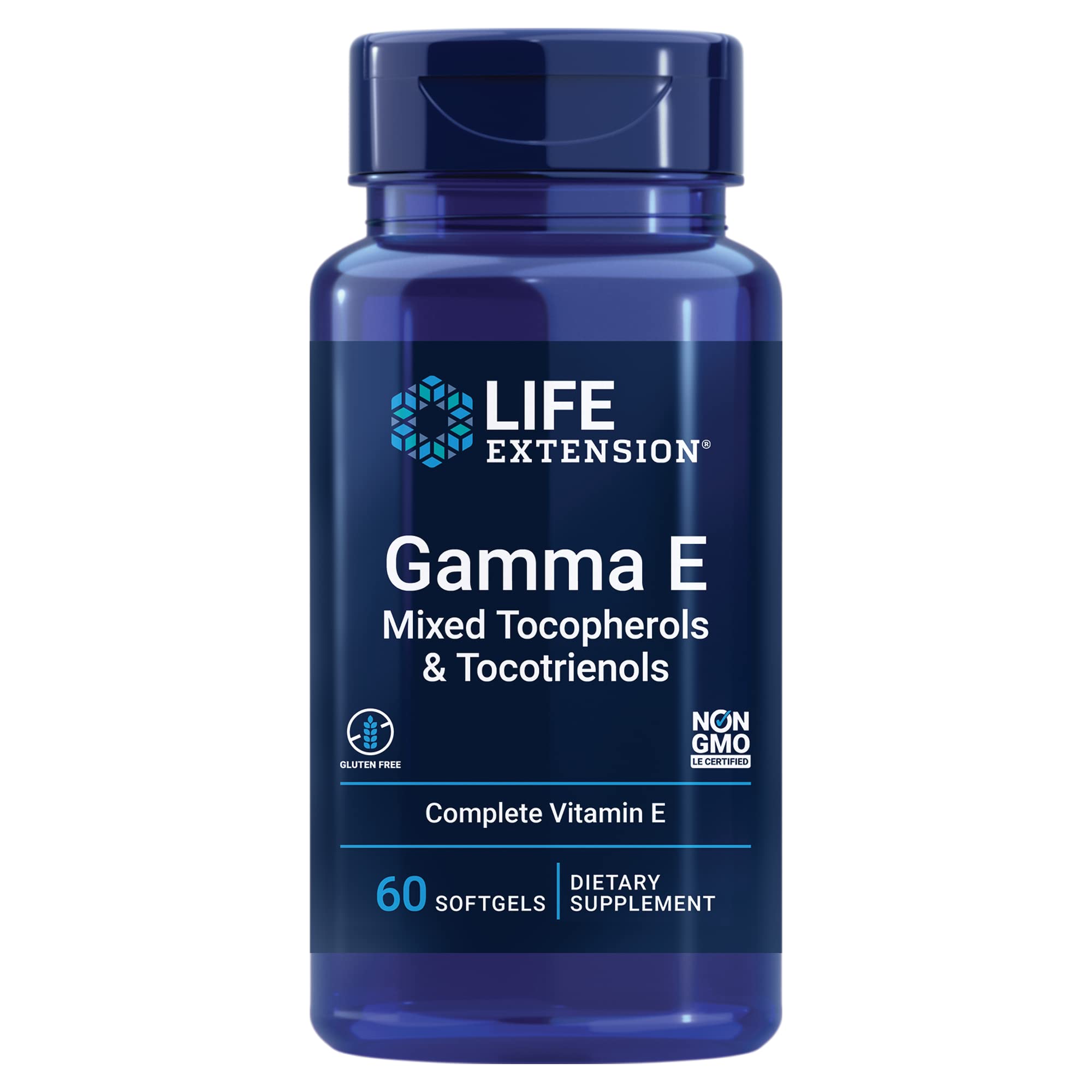 Life Extension Gamma E bottle shows full-spectrum vitamin E for antioxidant support.