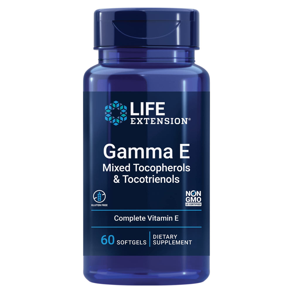 Life Extension Gamma E bottle shows full-spectrum vitamin E for antioxidant support.