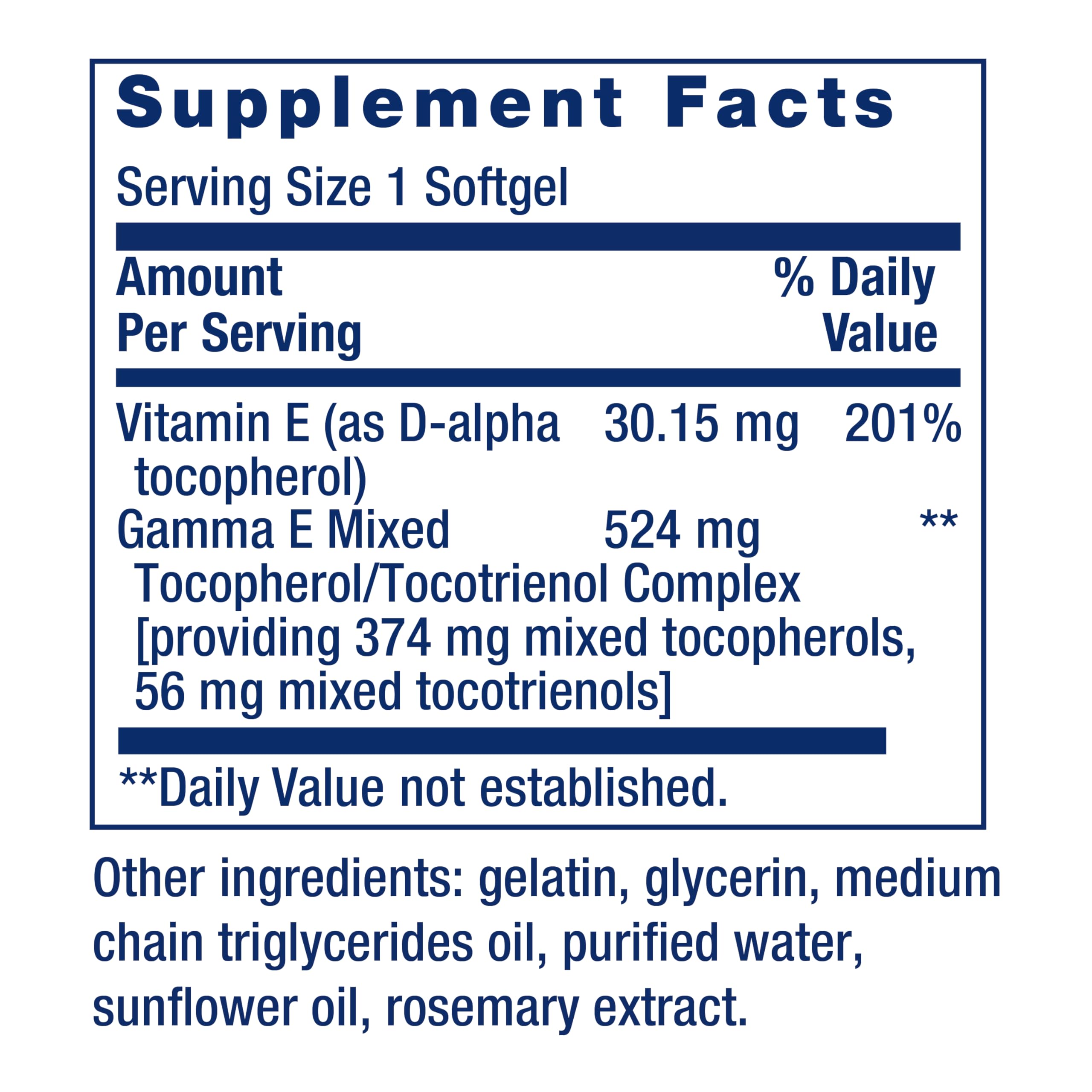 Life Extension Gamma E label close-up highlights eight forms of vitamin E.