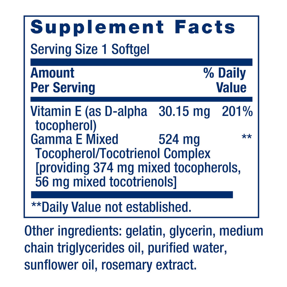 Life Extension Gamma E label close-up highlights eight forms of vitamin E.