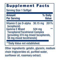 Life Extension Gamma E label close-up highlights eight forms of vitamin E.