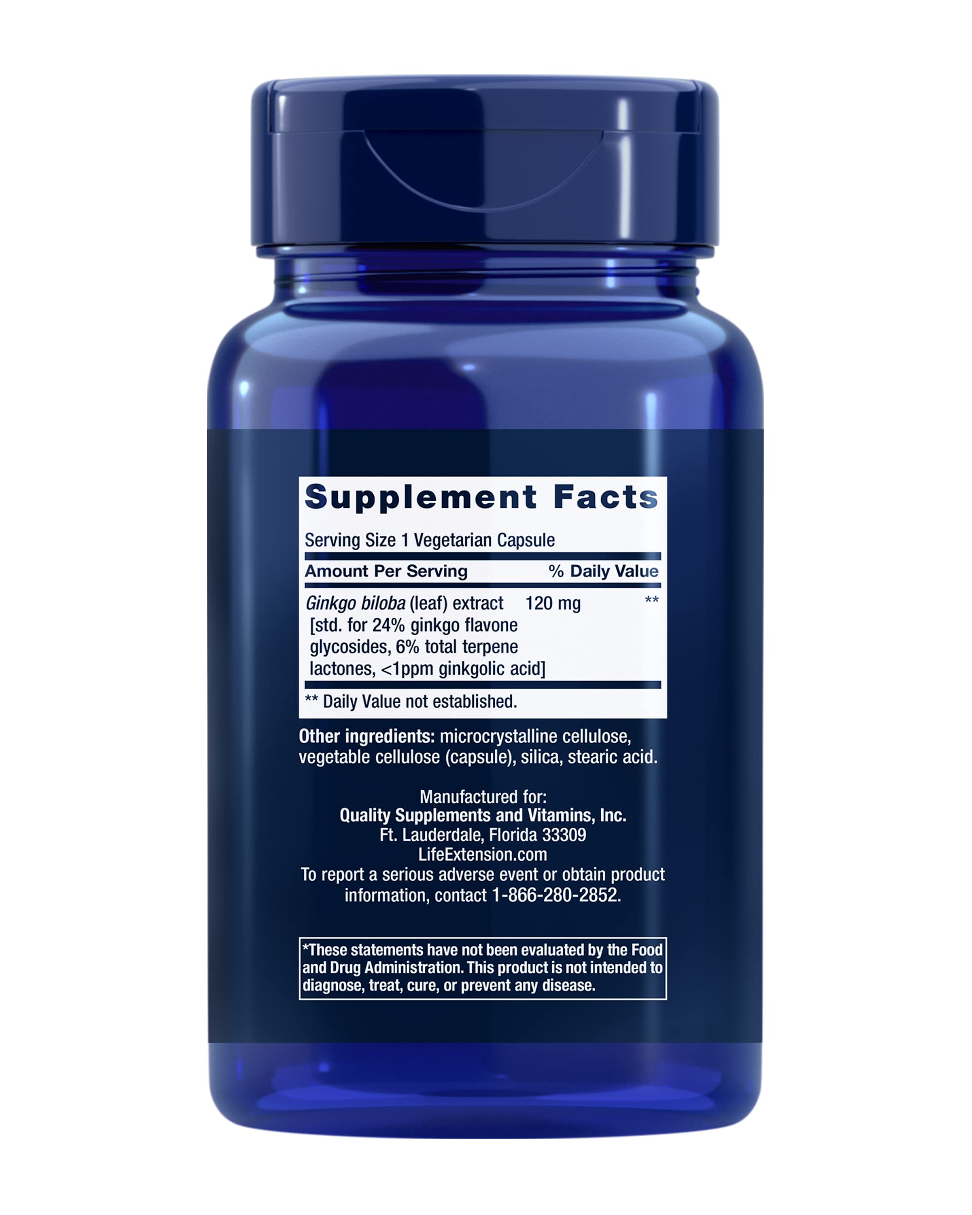 Close-up of Life Extension Ginkgo Biloba capsules highlighting 24% flavone glycosides.