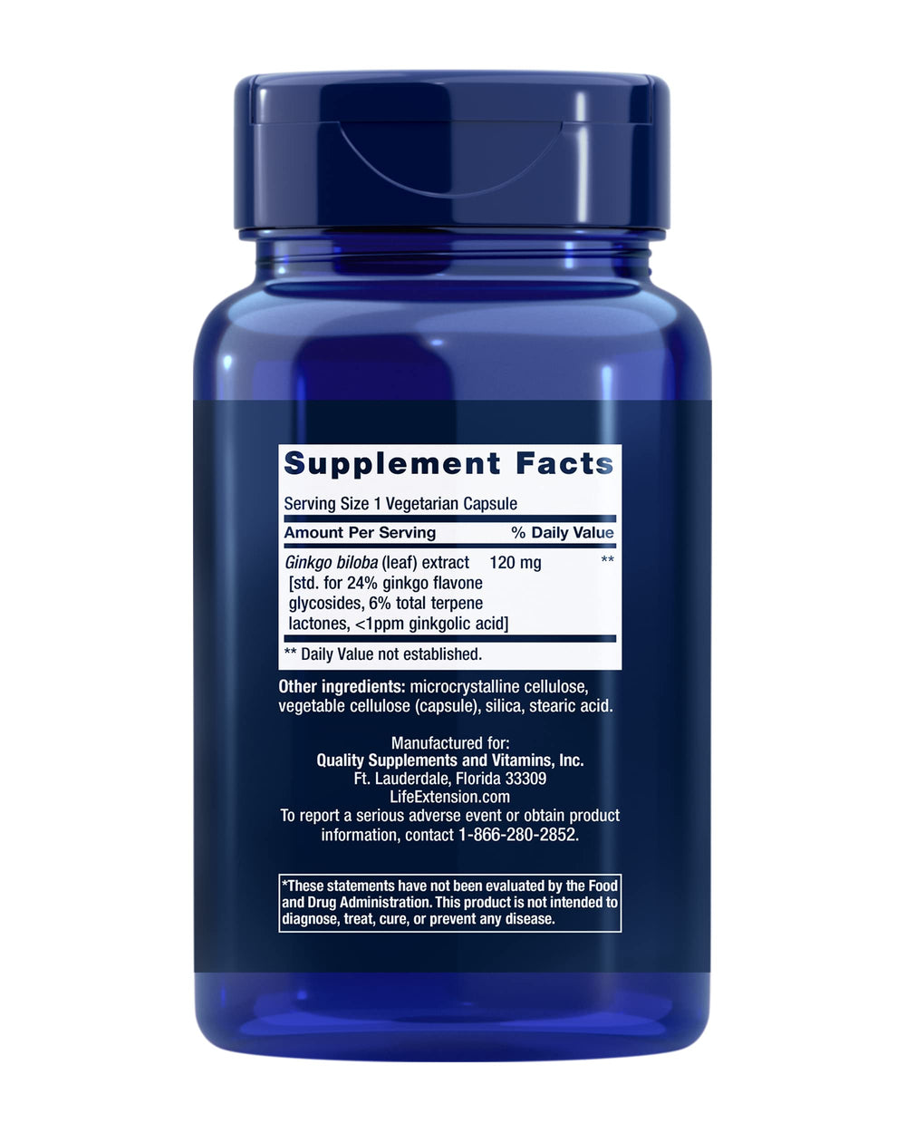 Close-up of Life Extension Ginkgo Biloba capsules highlighting 24% flavone glycosides.