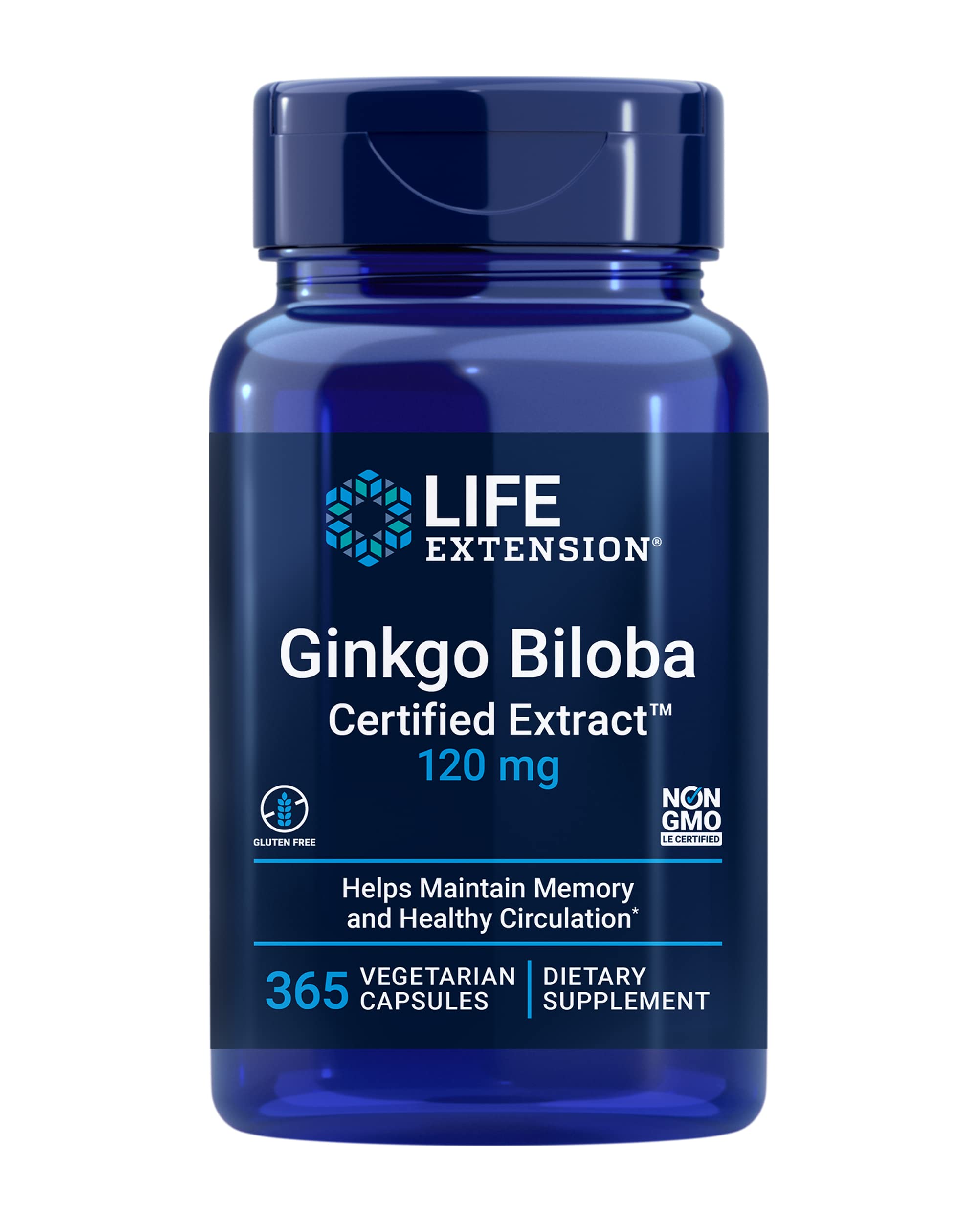 Life Extension Ginkgo Biloba Certified Extract 120 mg bottle ready for daily memory support.