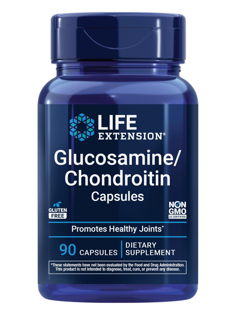 Life Extension glucosamine/chondroitin capsules bottle for daily joint comfort.