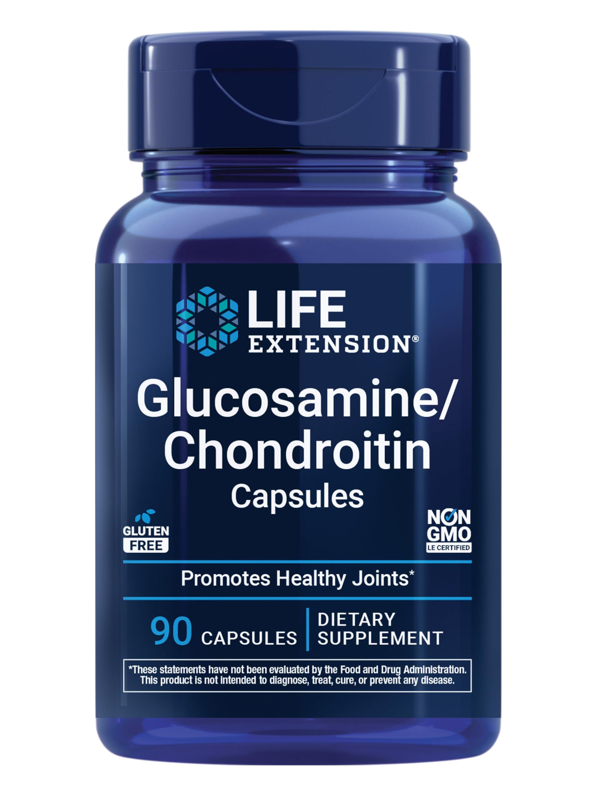 Life Extension glucosamine/chondroitin capsules bottle for daily joint comfort.