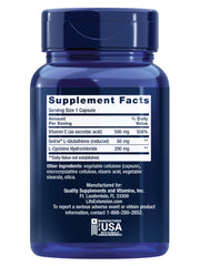 Life Extension Glutathione Cysteine C bottle back reveals ingredients and USA-made quality