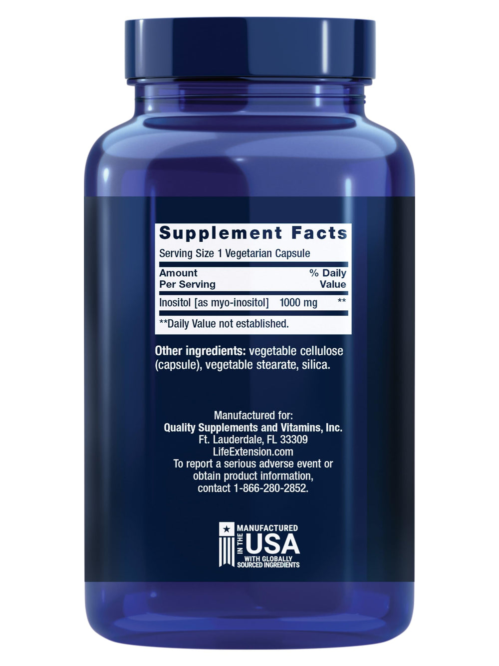 Life Extension Inositol Caps bottle label emphasizing gluten-free and vegetarian ingredients