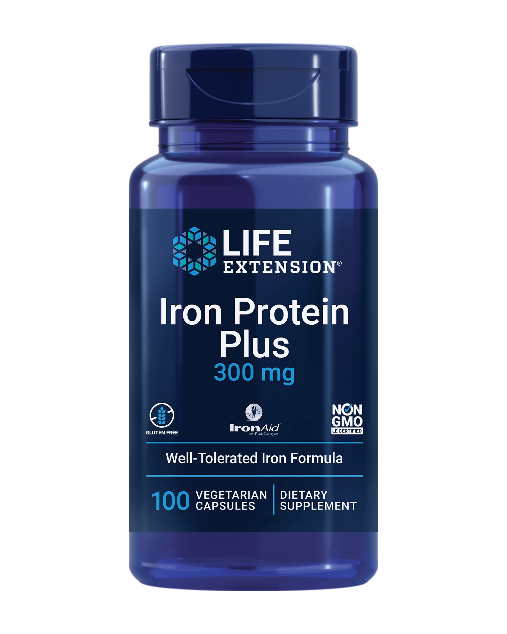 Life Extension Iron Protein Plus bottle front supports iron levels for healthy oxygen transport.