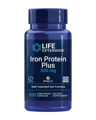 Life Extension Iron Protein Plus bottle front supports iron levels for healthy oxygen transport.