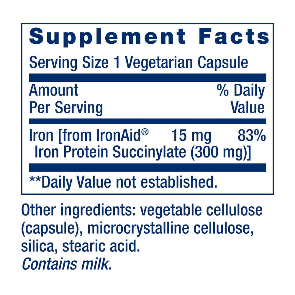Life Extension Iron Protein Plus box packaging highlights non-GMO, gluten-free, vegetarian features.