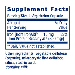 Life Extension Iron Protein Plus box packaging highlights non-GMO, gluten-free, vegetarian features.