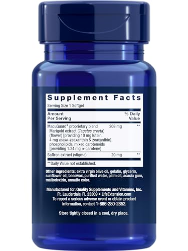 Life Extension MacuGuard Ocular softgels close-up highlighting carotenoids for macular pigments.