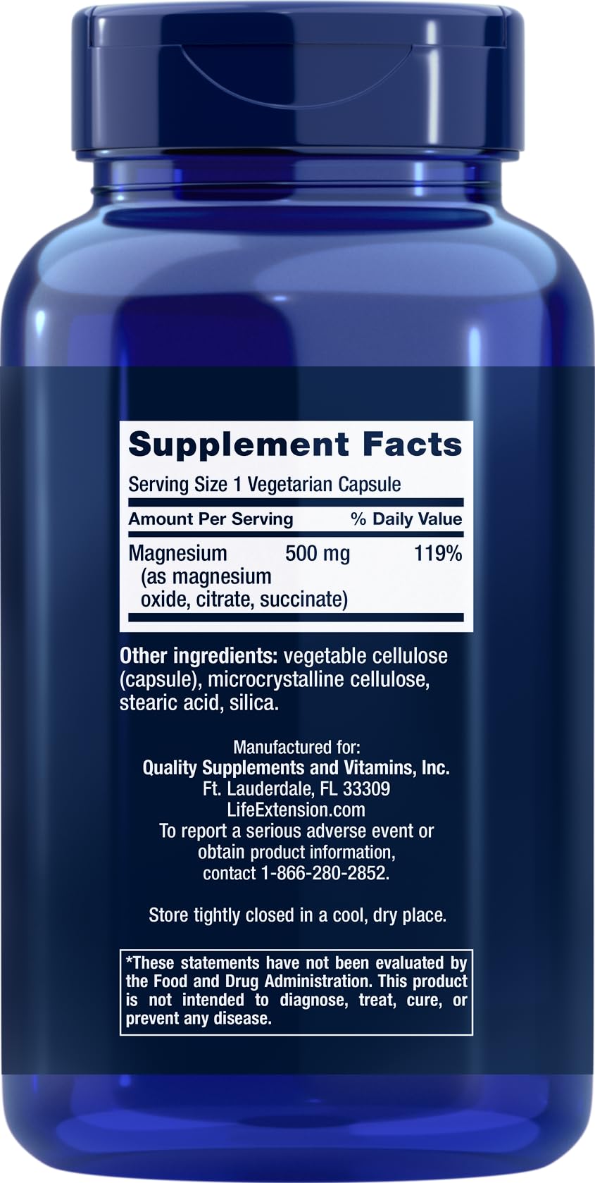 Closeup of Life Extension Magnesium Caps 500mg capsules ready for daily use.