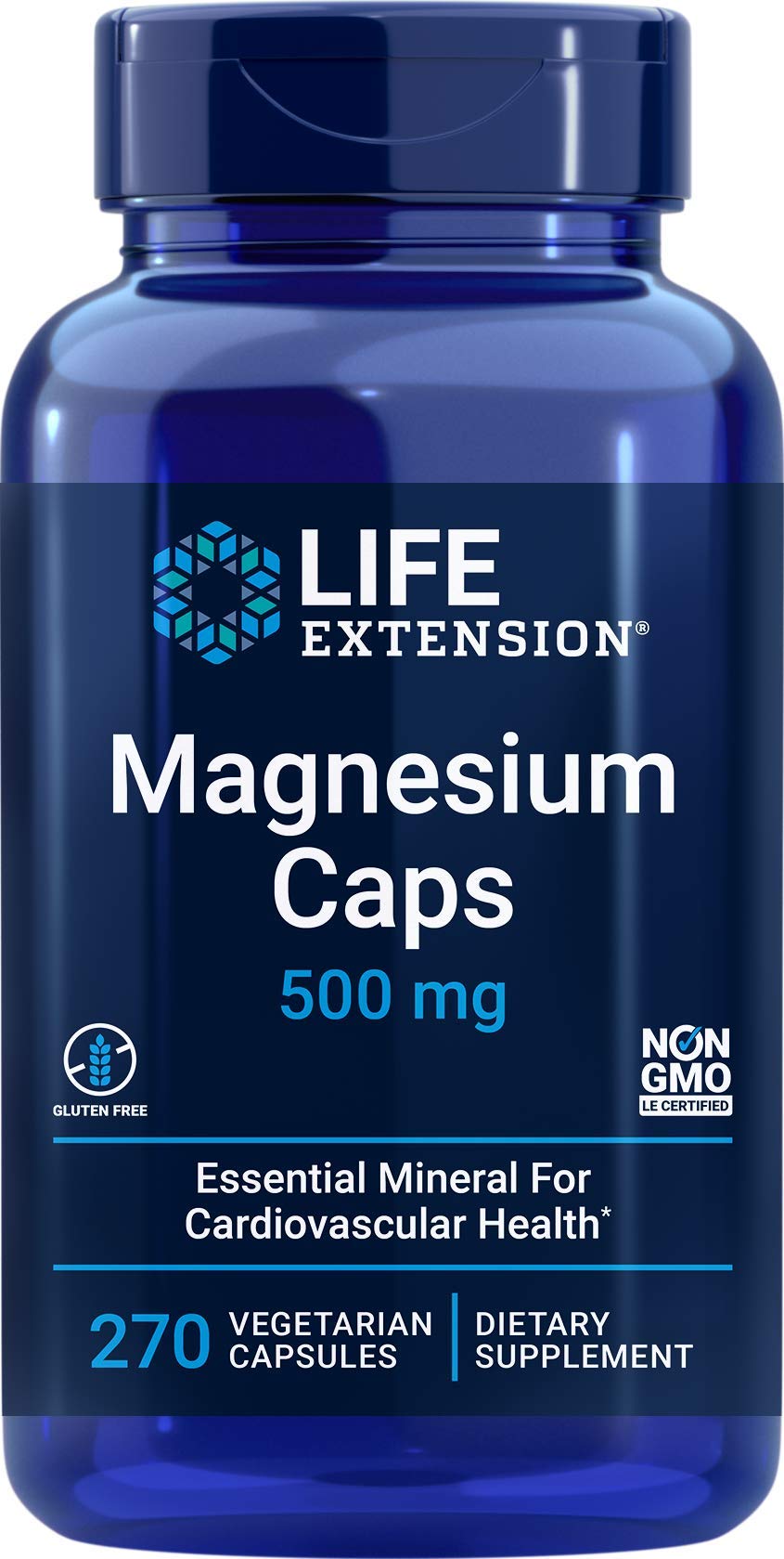Life Extension Magnesium Caps 500mg bottle shows triple magnesium forms for bone and nerve support.