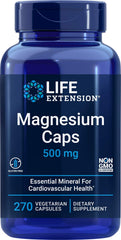 Life Extension Magnesium Caps 500mg bottle shows triple magnesium forms for bone and nerve support.