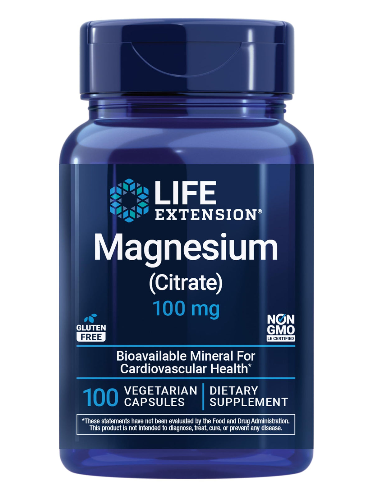 Life Extension Magnesium Citrate capsules in blue bottle front view, supports heart and bone health.