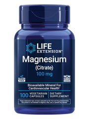Life Extension Magnesium Citrate capsules in blue bottle front view, supports heart and bone health.