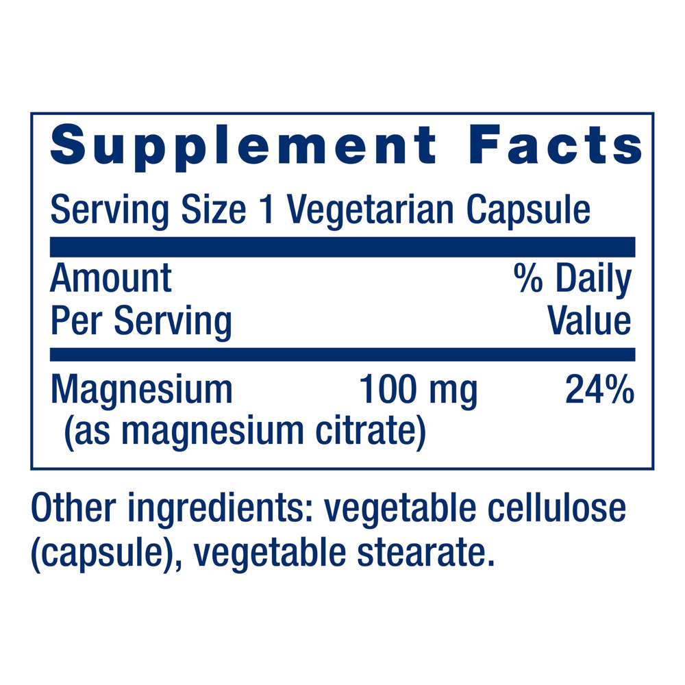 Life Extension Magnesium Citrate label closeup highlighting 100 mg magnesium per capsule.