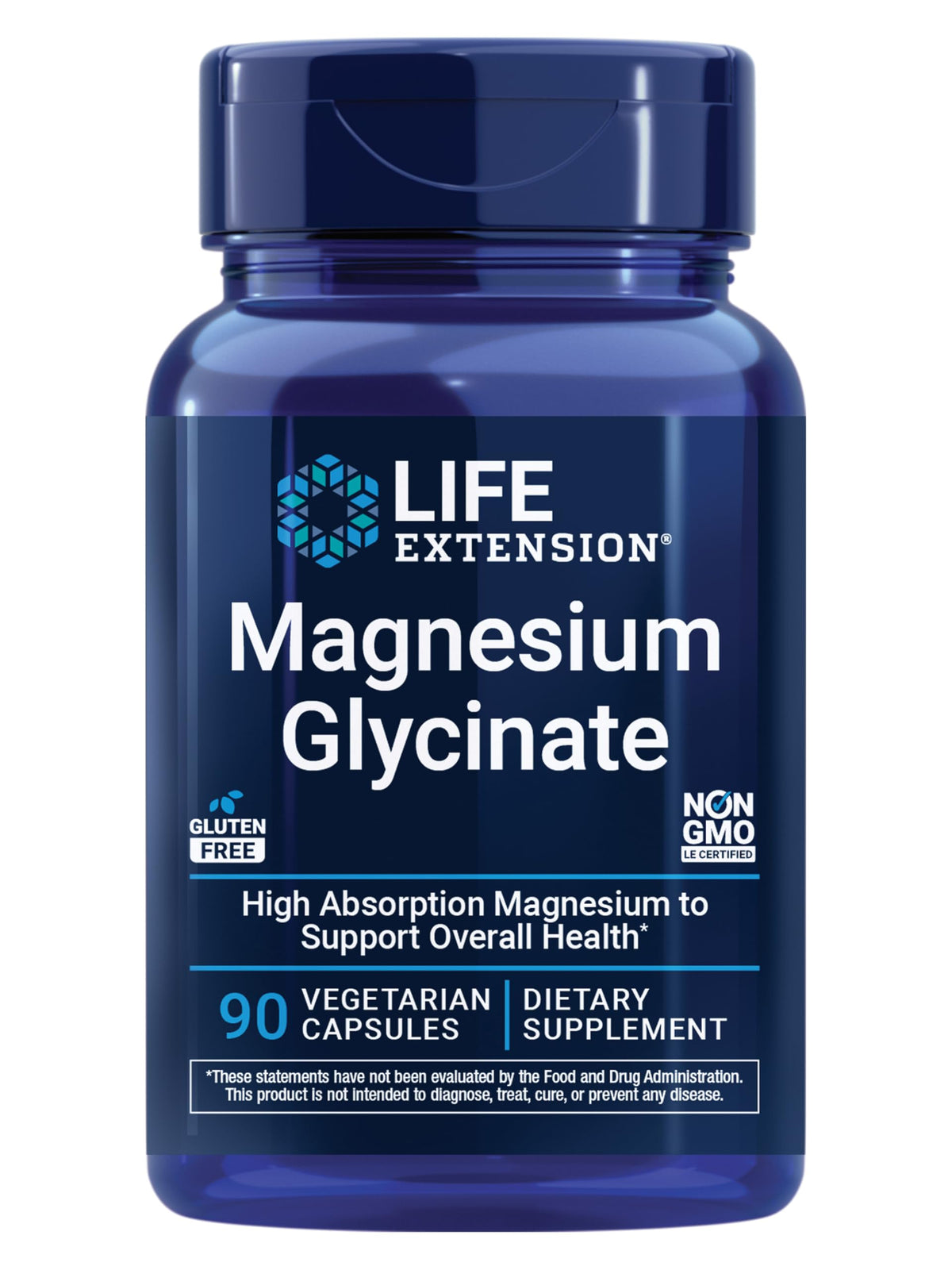 Life Extension Magnesium Glycinate bottle front, showing a highly absorbable supplement.
