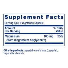 Life Extension Magnesium Glycinate label detail highlights 105 mg magnesium.
