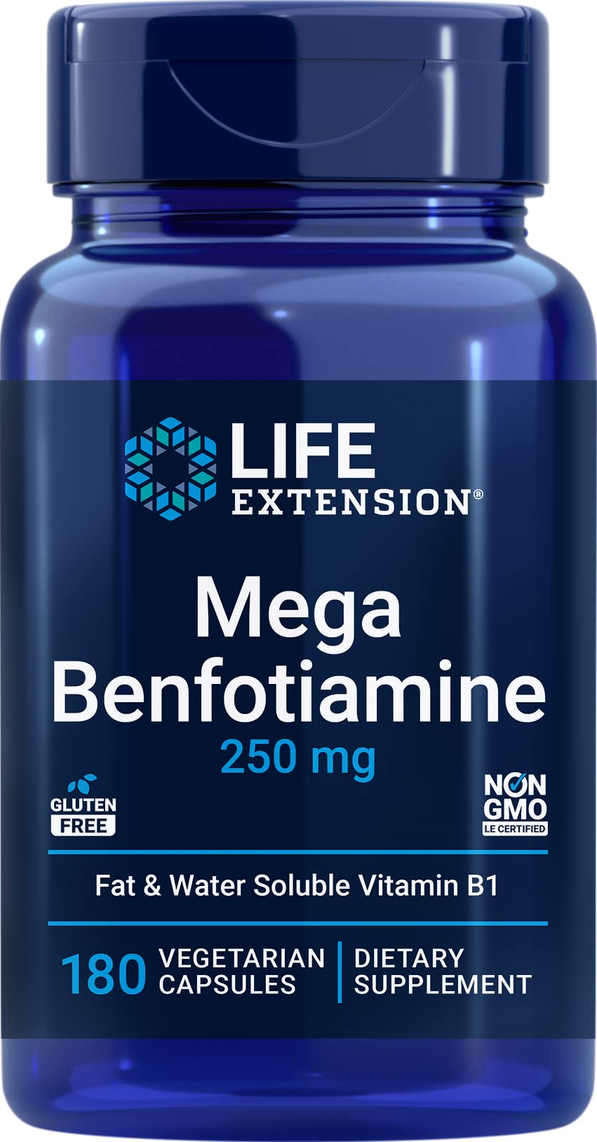 Life Extension Mega Benfotiamine bottle front showing premium B1 supplement