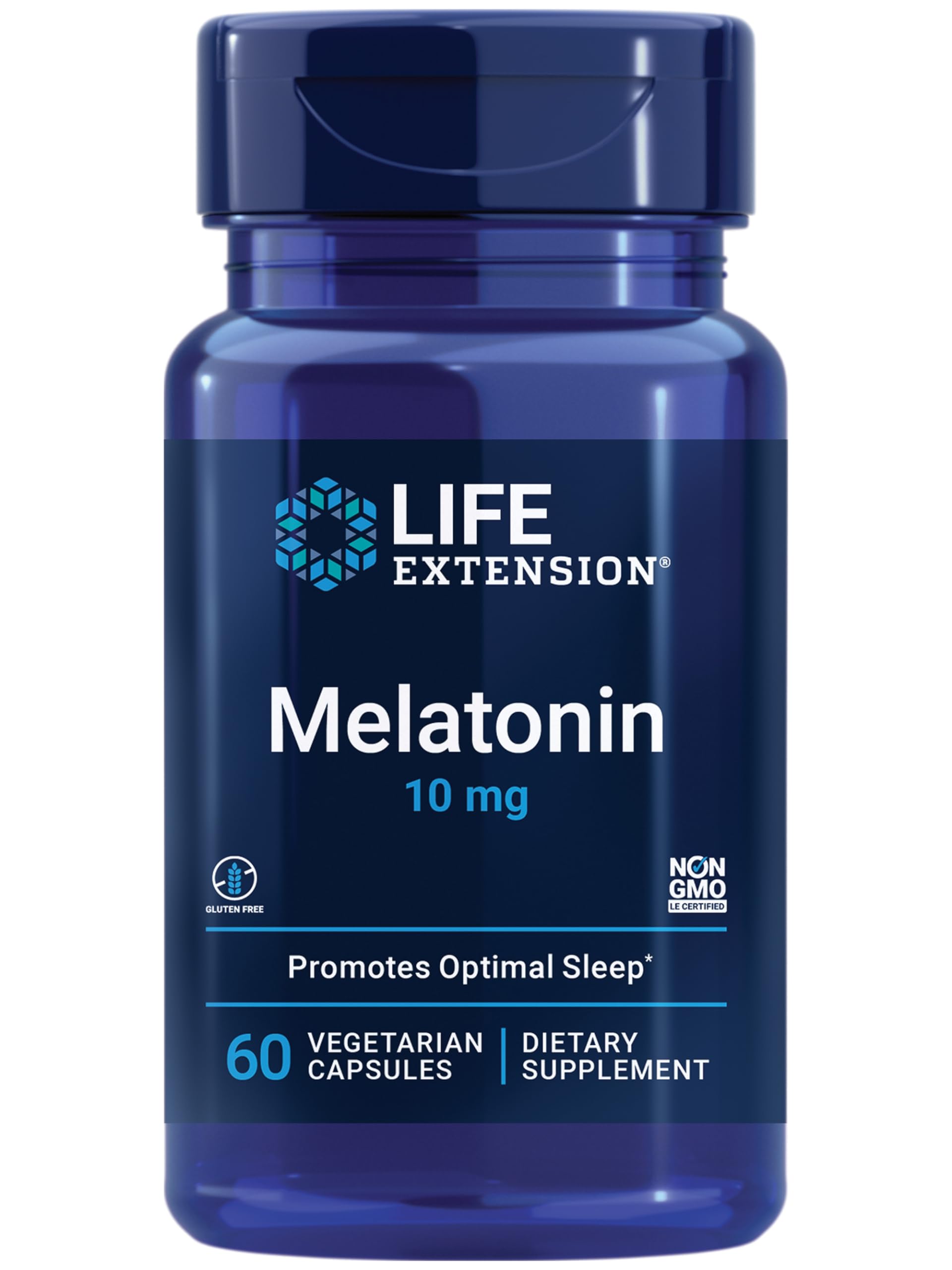 Life Extension Melatonin 10 mg bottle on nightstand for restful sleep support.