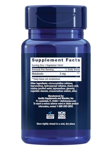 Life Extension Melatonin tablets pack highlights 3 mg dose for extended rest