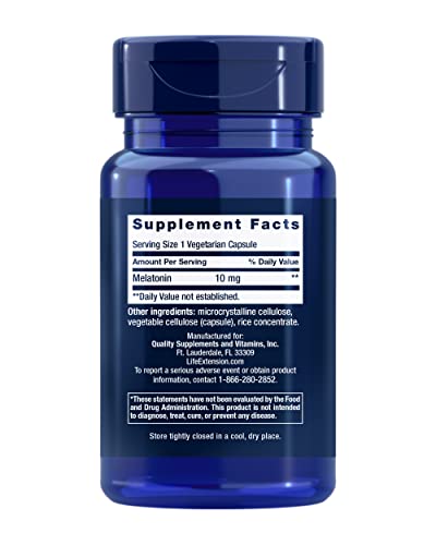 Life Extension Melatonin capsules close-up reveals vegetarian formula designed for sleep support.