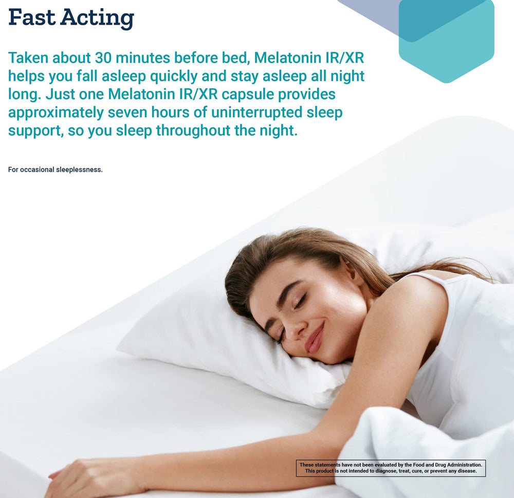 Person about to take Life Extension Melatonin IR/XR before bed for rest.