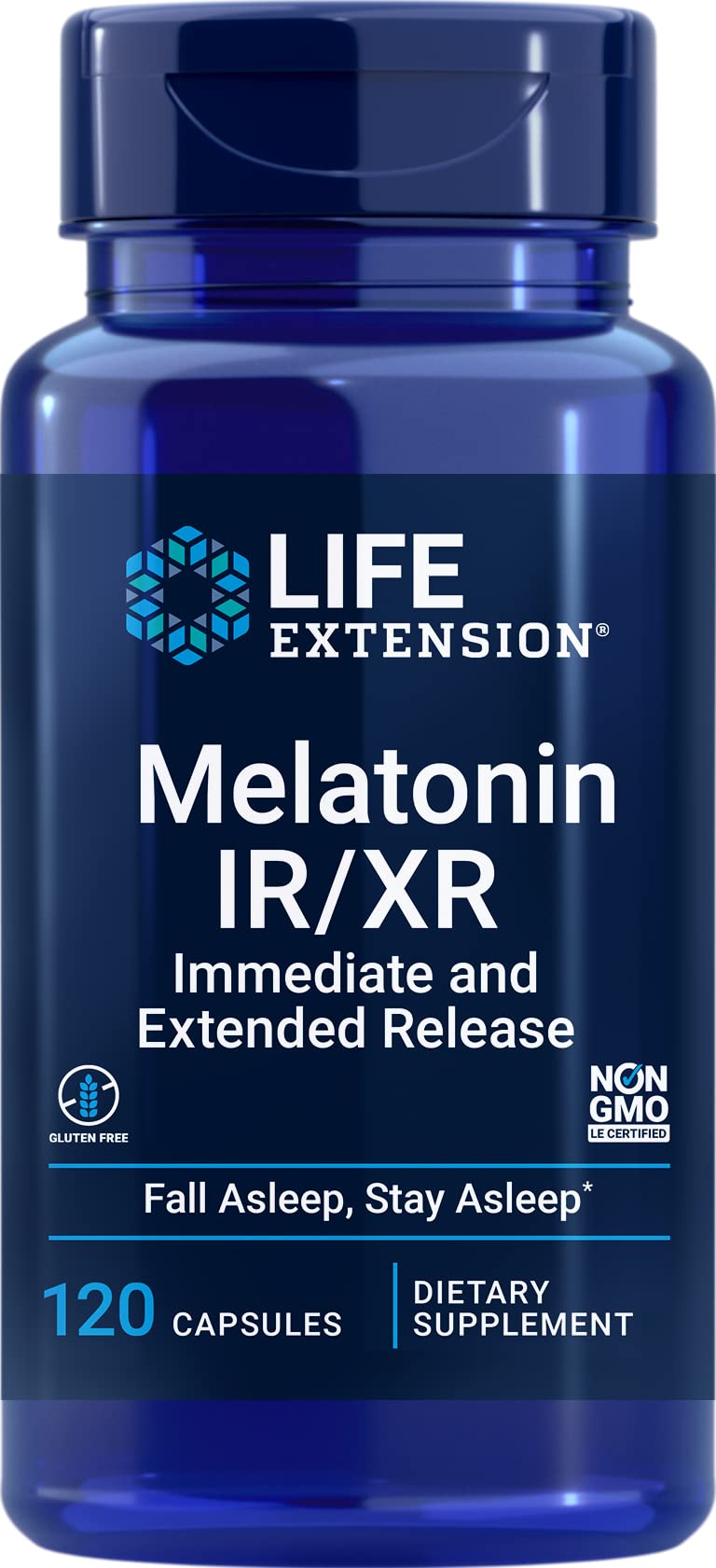 Life Extension Melatonin IR/XR bottle front view for nightly sleep support.