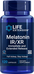 Life Extension Melatonin IR/XR bottle front view for nightly sleep support.