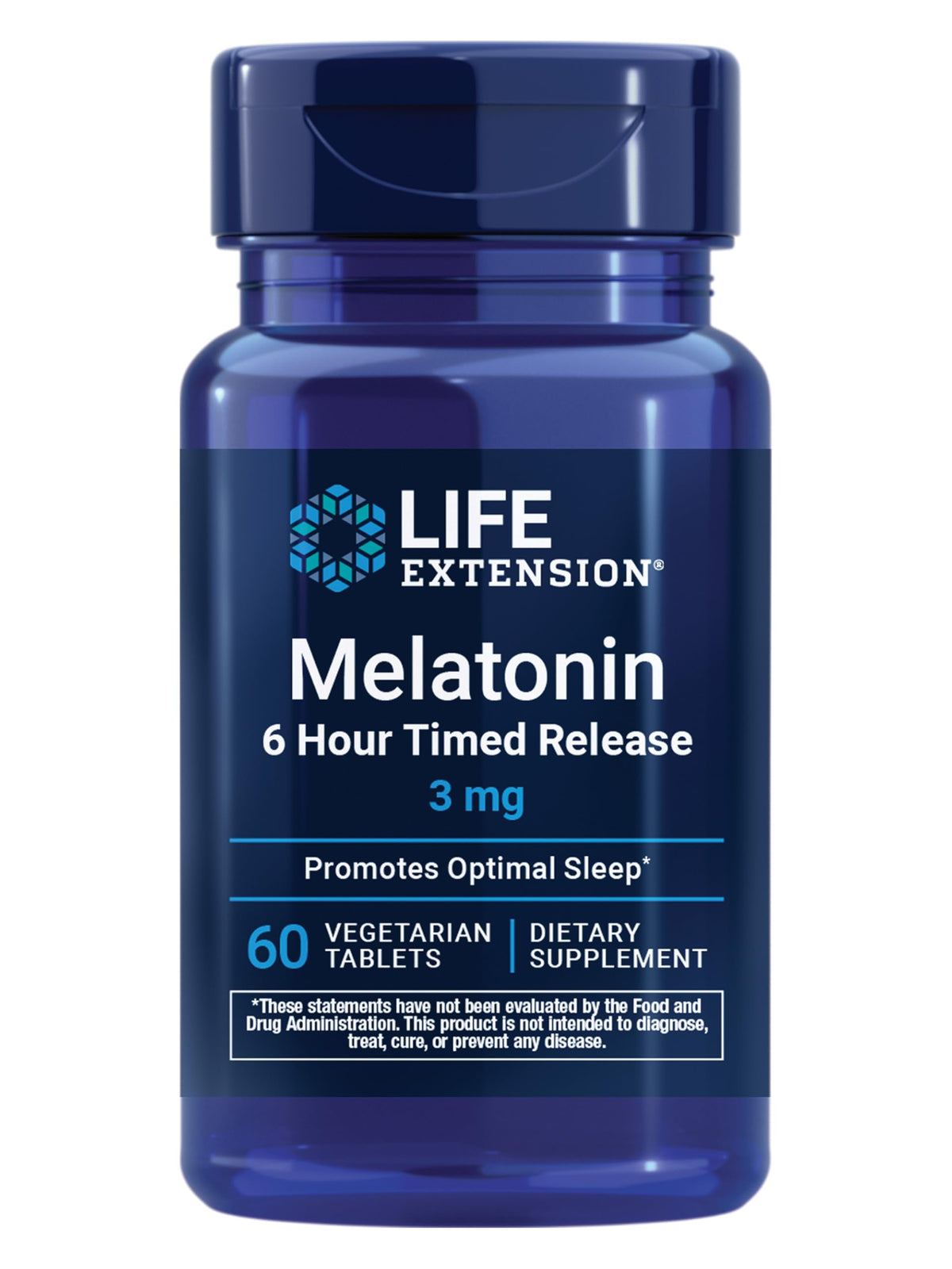Life Extension Melatonin timed-release bottle showing 6-hour sleep support
