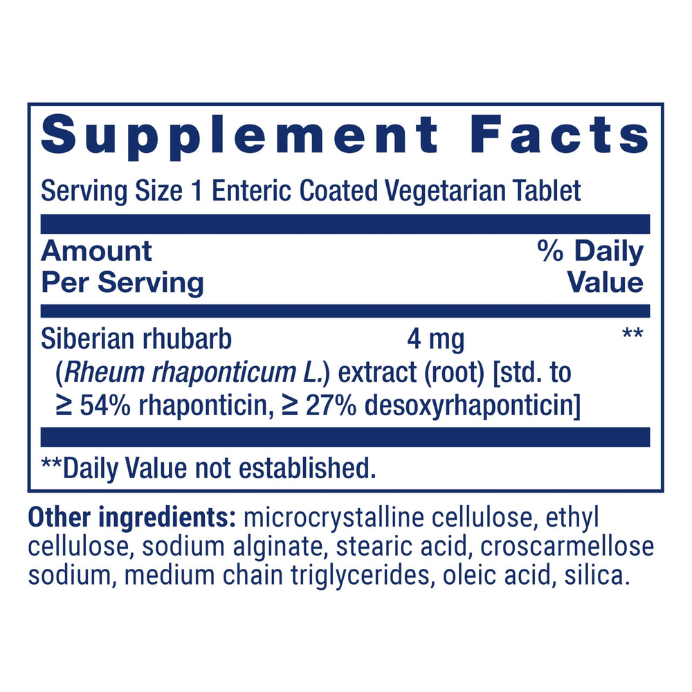 Life Extension Menopause Relief with Siberian rhubarb extract suggesting symptom relief.