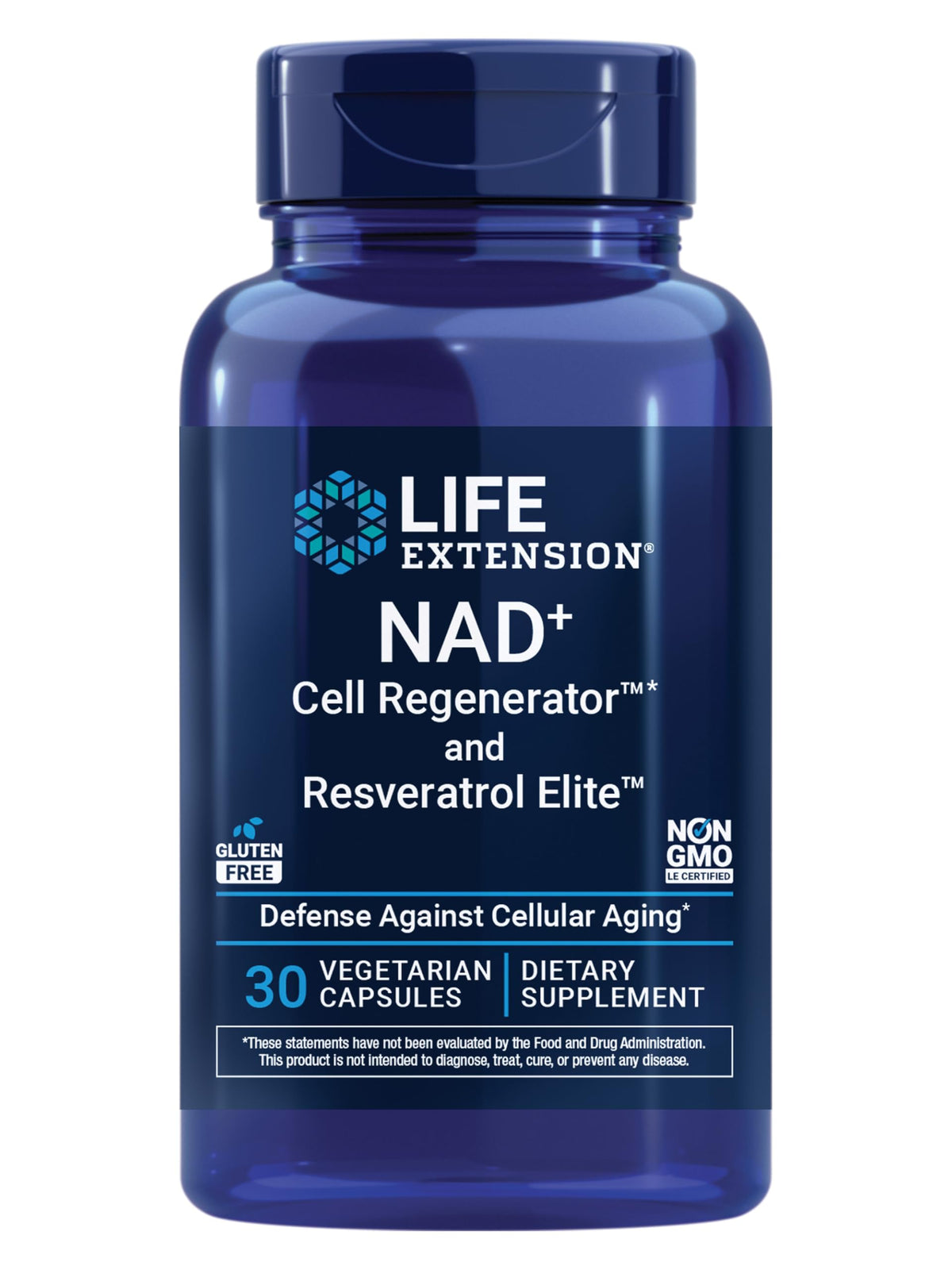 Life Extension NAD+ Cell Regenerator bottle front label shows NR and resveratrol emphasis for healthy aging.