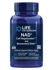 Life Extension NAD+ Cell Regenerator bottle front label shows NR and resveratrol emphasis for healthy aging.