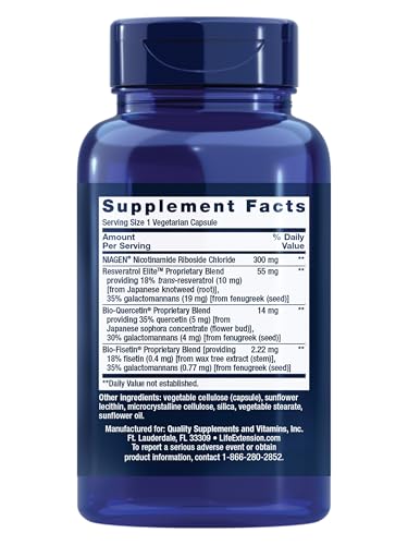 Life Extension NAD+ Cell Regenerator ingredients panel highlights NR, resveratrol, quercetin, fisetin.